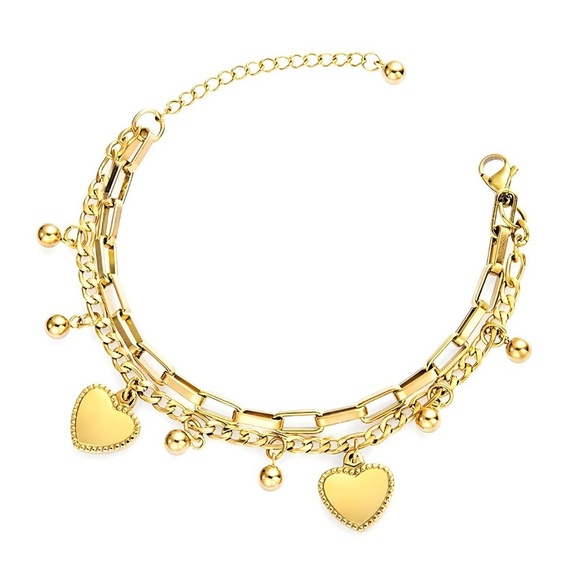 Jewelry - 18K Gold Plated Heart Charm Bracelet | Stainless Steel, Waterproof